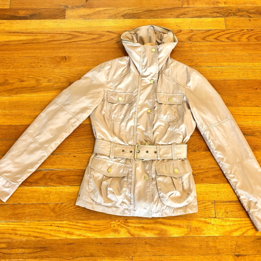 Zara Cream Utility Jacket with Belted Waist and Hood